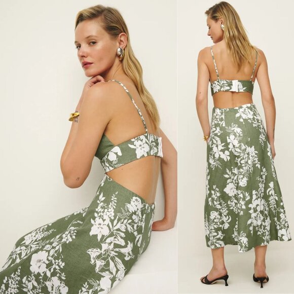 Reformation Samara Midi Dress Willow Green Floral Linen Cut Out Open Back Size 2 - Picture 2 of 11
